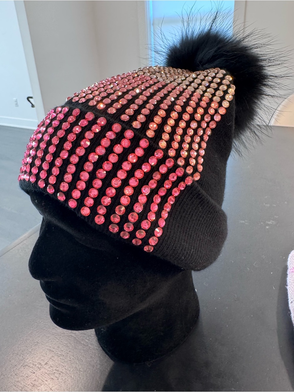 Black and Pink Rhinestone Pom-Pom Beanie